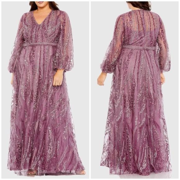 NWT Mac Duggal Purple V Neck Puff Sleeve Embroidered A Line Gown Plus Size 24 - Picture 1 of 14